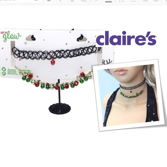 Claire’s Jingle Bell Christmas Holiday Mixed Choker Necklace 2-Pack Set - Picture 1 of 8